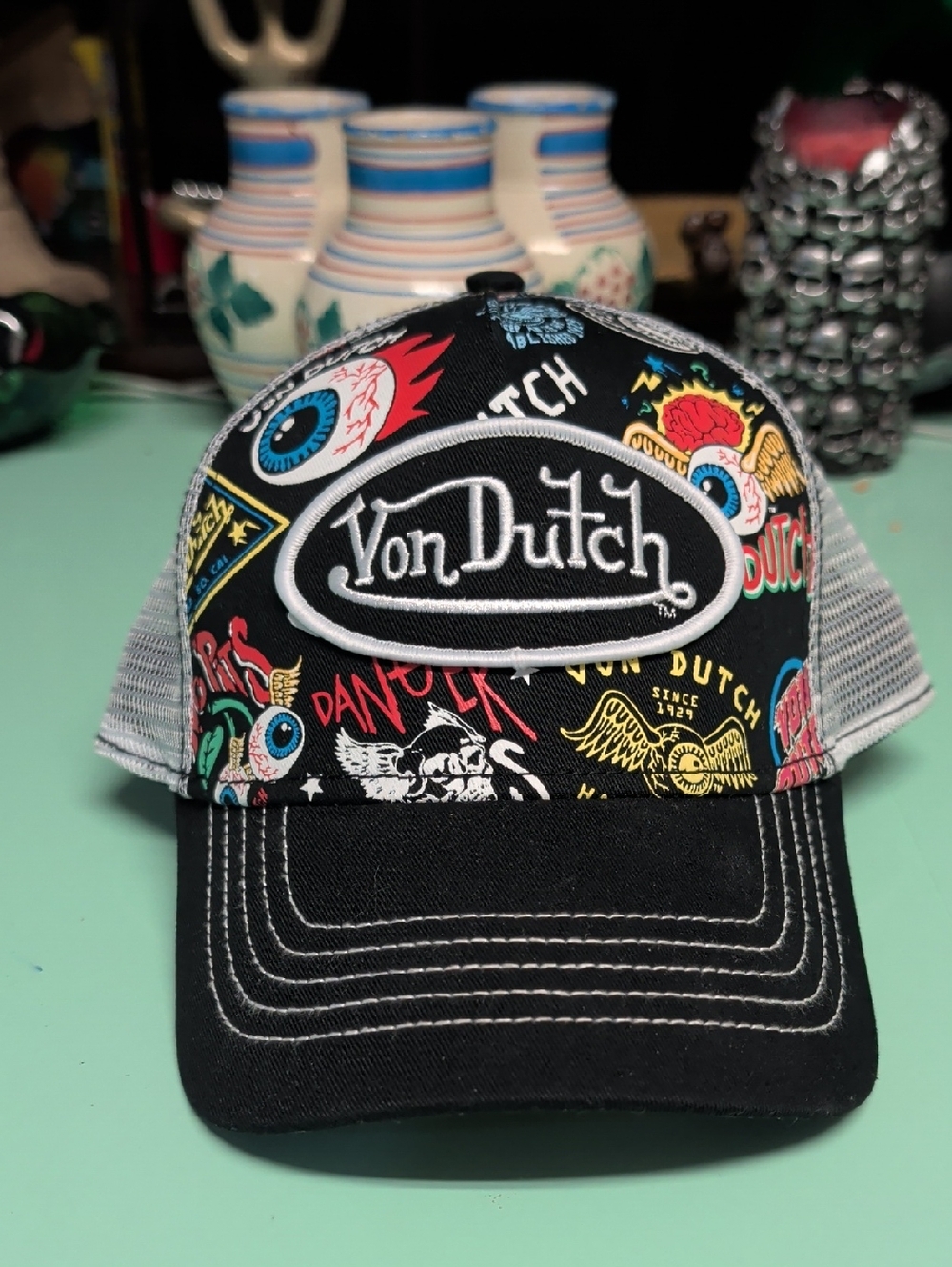 Von Dutch Black Trucker Hat with Multicolor Patch Artwork
